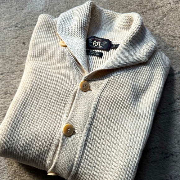 RRL Ralph Lauren Double RL Beige Men's shawl collar Linen Cardigan size -L - Picture 2 of 7